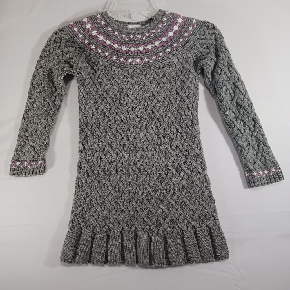 Jillian's Closet girls Sz 6X Gray Basket Weave Sweater Dress Purple Heart Ruffle